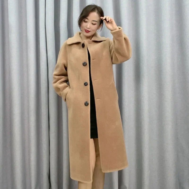 

Новинка Осень-зима 2021, Женское пальто средней длины из натуральной шерсти с мехом, Женская свободная флисовая куртка на пуговицах с мелким з...