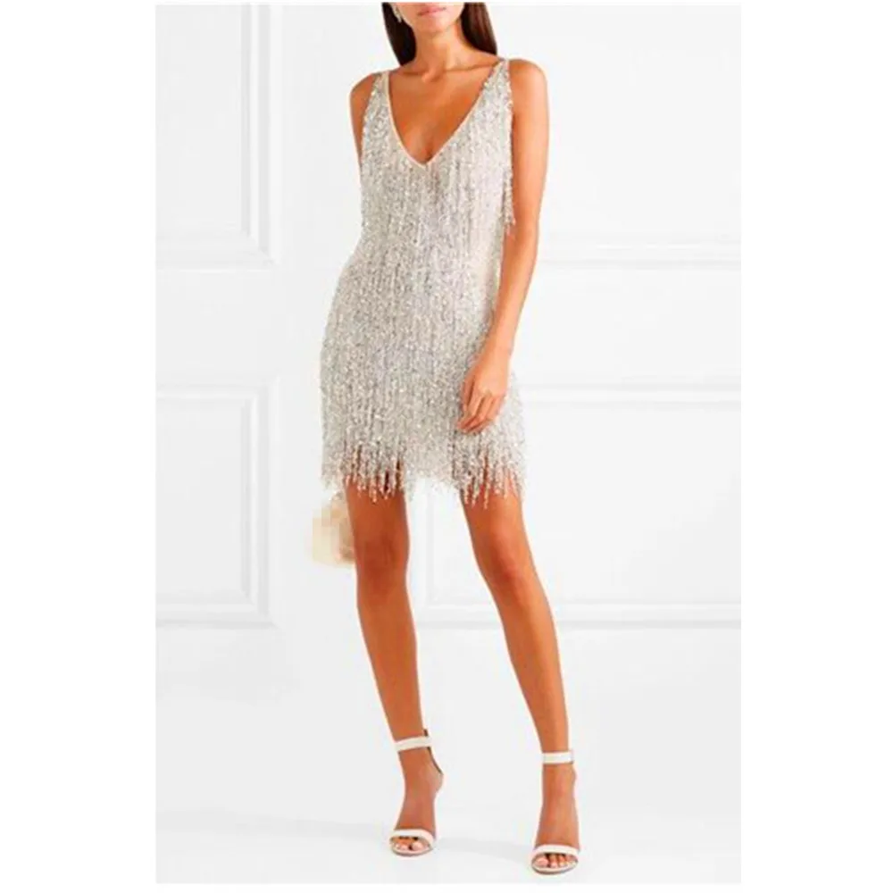 Новое женское сексуальное облегающее платье с V-образным вырезом и бахромой |