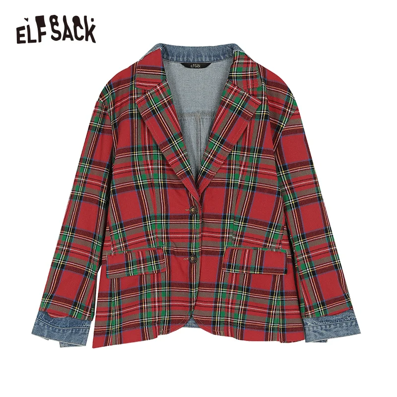 ELFSACK клетчатый Джинсовый блейзер в стиле пэчворк для женщин осень 2019 корейский