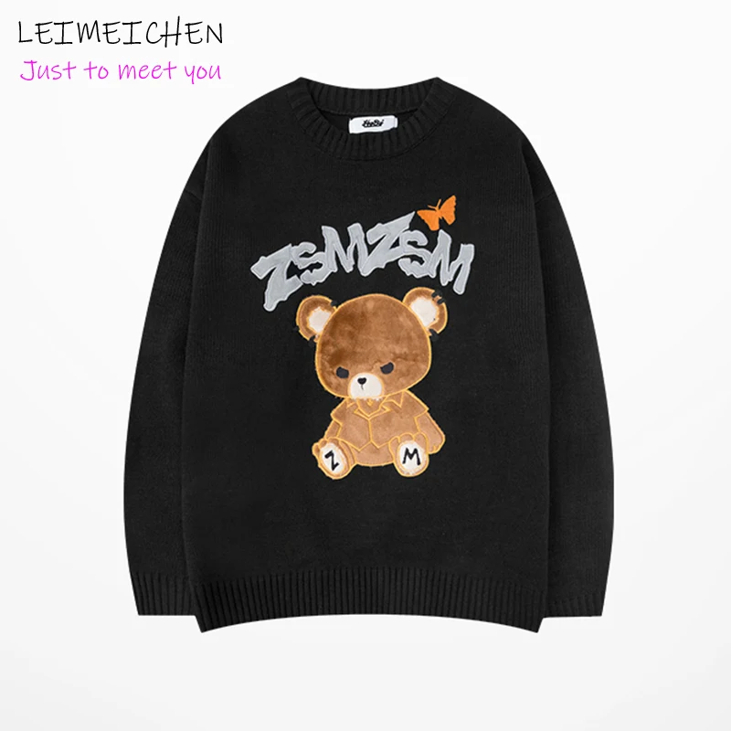 

LEIMEICHEN Harajuku свитер с мультяшным рисунком заплатка "медведь" EmbroidCouple японский стиль свободный свитер с пышным рукавом Для мужчин