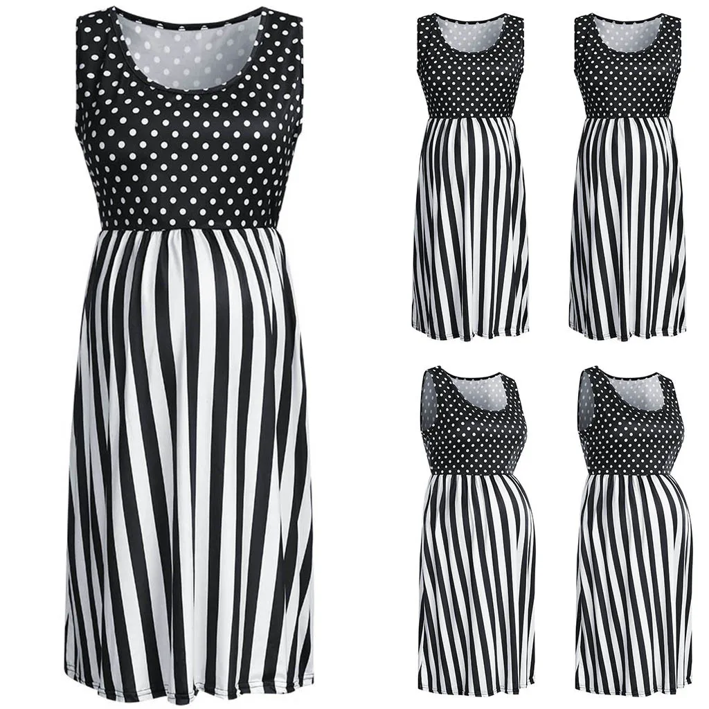 

LONSANT Maternity Dress Women Dot Prints Stripe splice Sleeveless Dress 2020 new summer fashion Pregnancy Clothes Drop Ship 2020