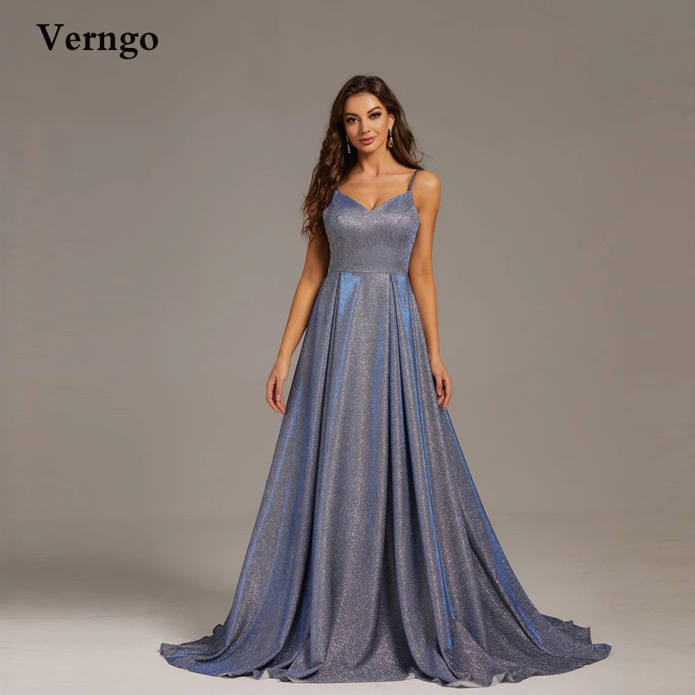 

Verngo 100% Real Image Dusty Blue Shimmer Prom Dresses Spaghetti Straps Corset Women Long Evening Gowns In Stock Fast Delivery