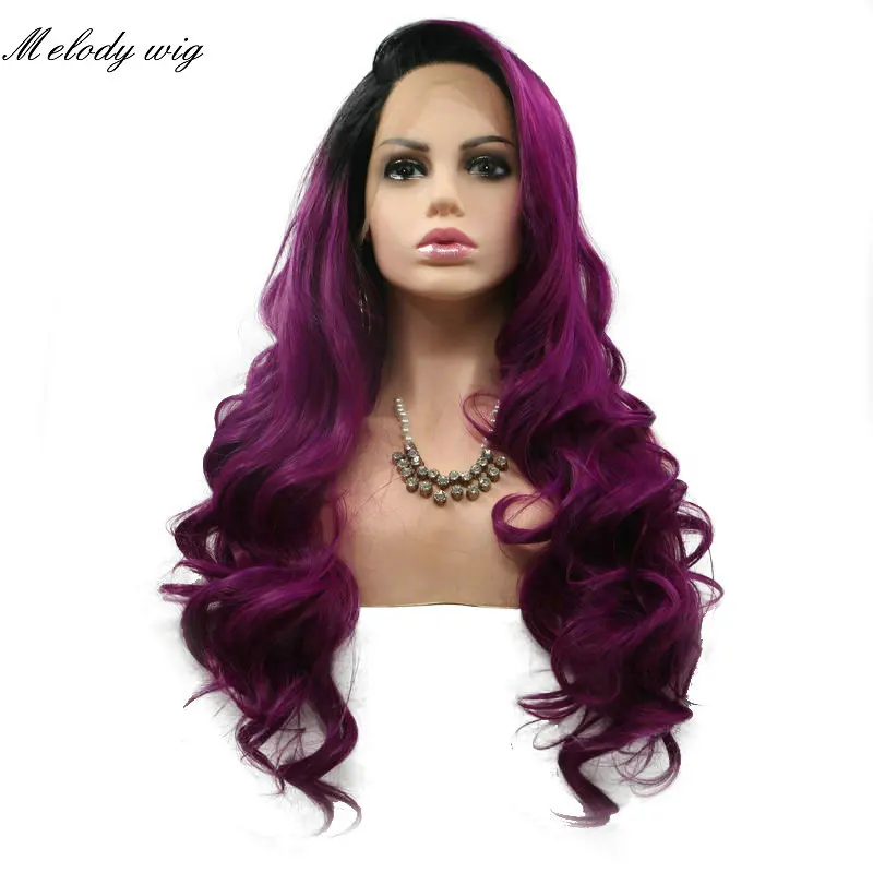 Melody Synthetic Lace Front Wigs Black Ombre Dark Purple Long Bouncy Curly for Women Natural Looking Daily Wear Cosplay Party