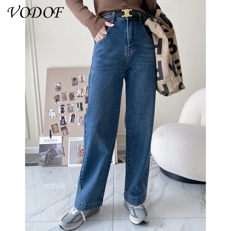 VODOF Women's Wide Leg Jeans Bottoms Loose Jeans High Waist Full Length Clothing Trousers Retro Streetwear 2021 New