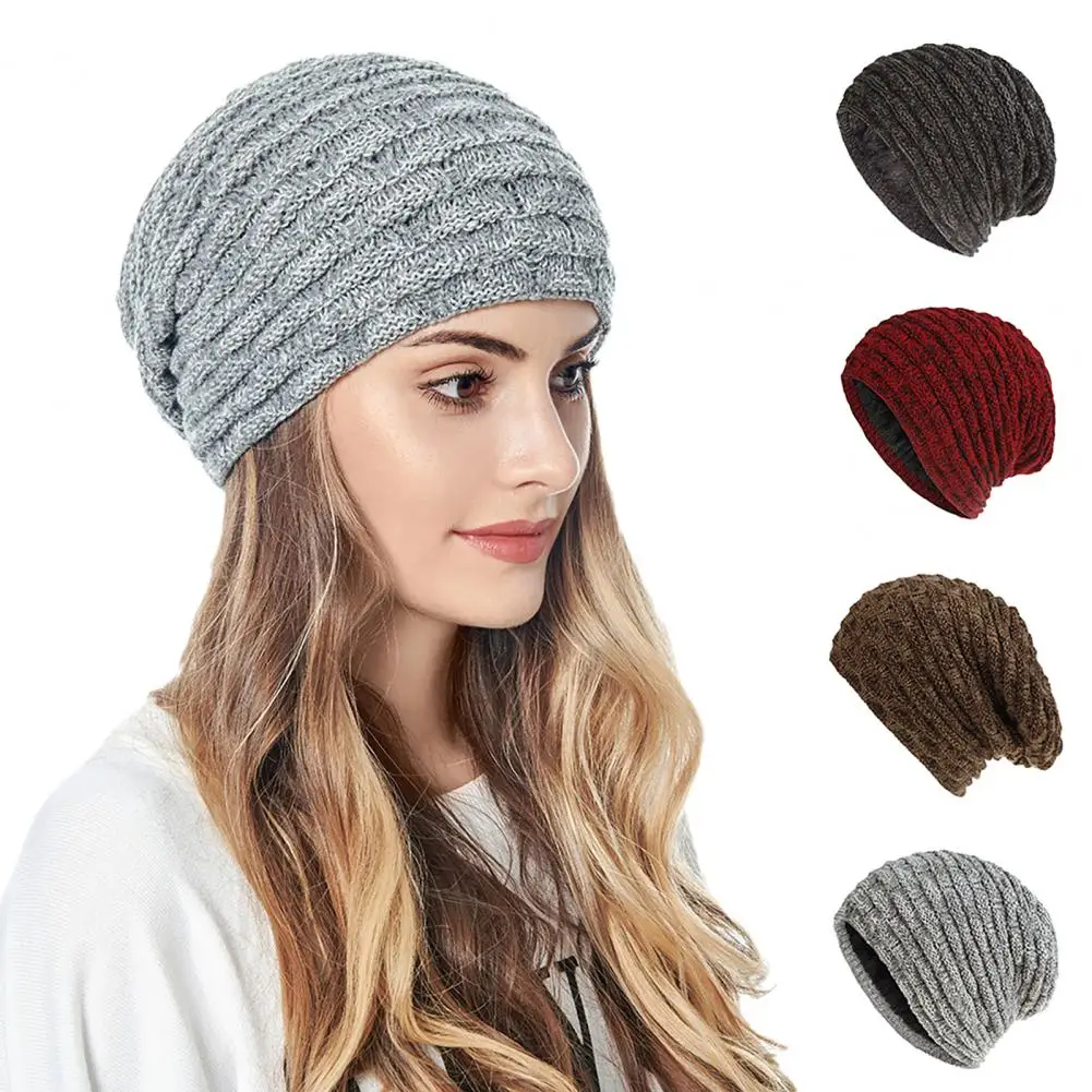 

Women Autumn Winter Solid Color Plush Warm Knitted Baggy Beanie Hat Slouchy Cap
