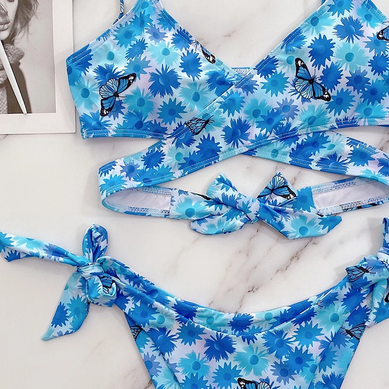 

Sexy Butterfly Printed Knotted Bikini 2021 Woman Push Up Bandage Swimsuit Beachsuit Two Piece Swimwear Bather Bathing Suit Swim