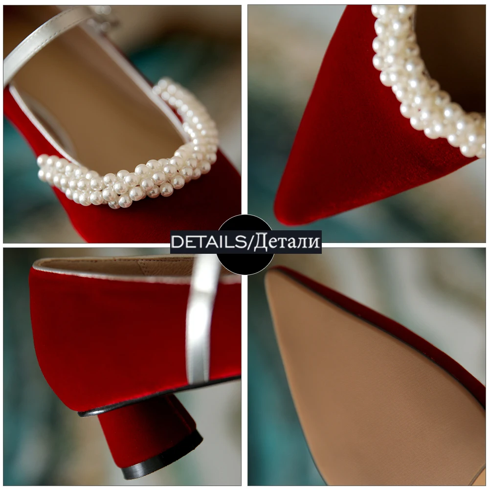 

ISNOM New Pearl Women Shoes Dress Pointed Toe Pumps Buckle Strap Wedding Shoes Woman Low Heels Pumps Ladies Mary Janes