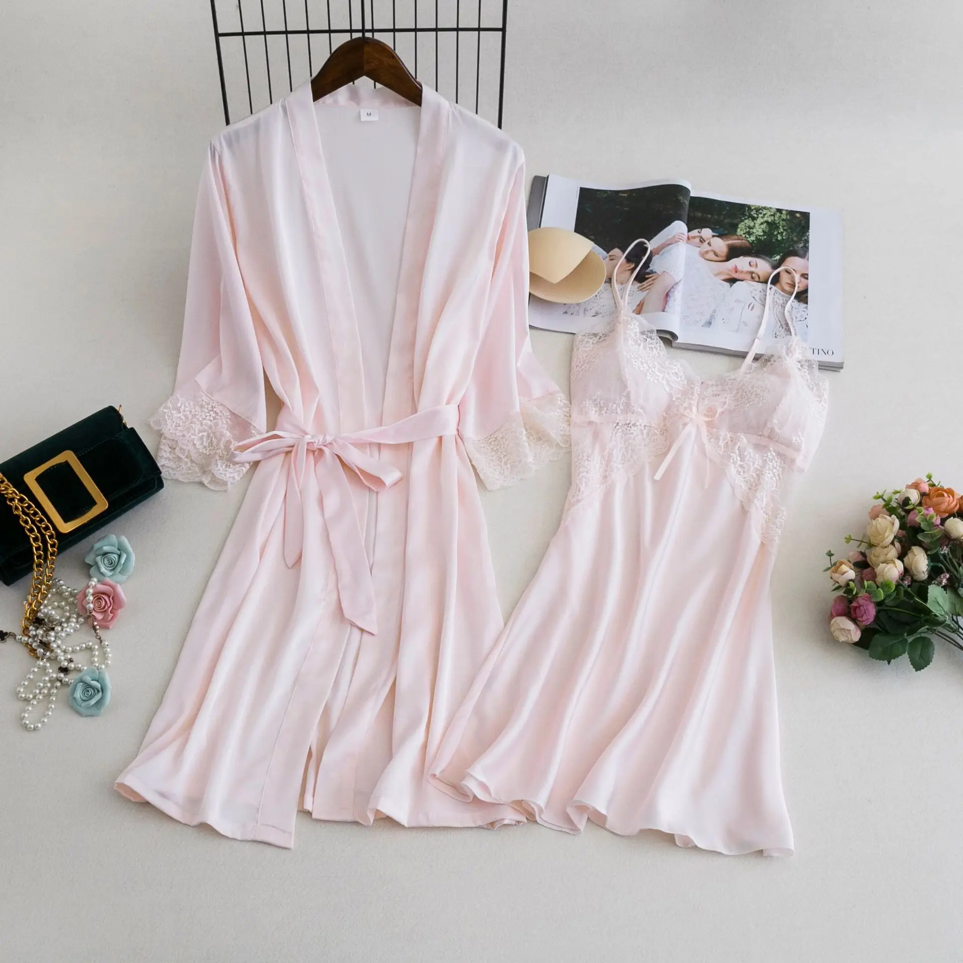 

Casual Sleepwear Sexy Lace 2pcs Belt Woman Kimono Bathrobe Gown Bride Bridesmaid Wedding Robe Night Dress Intimate Lingerie