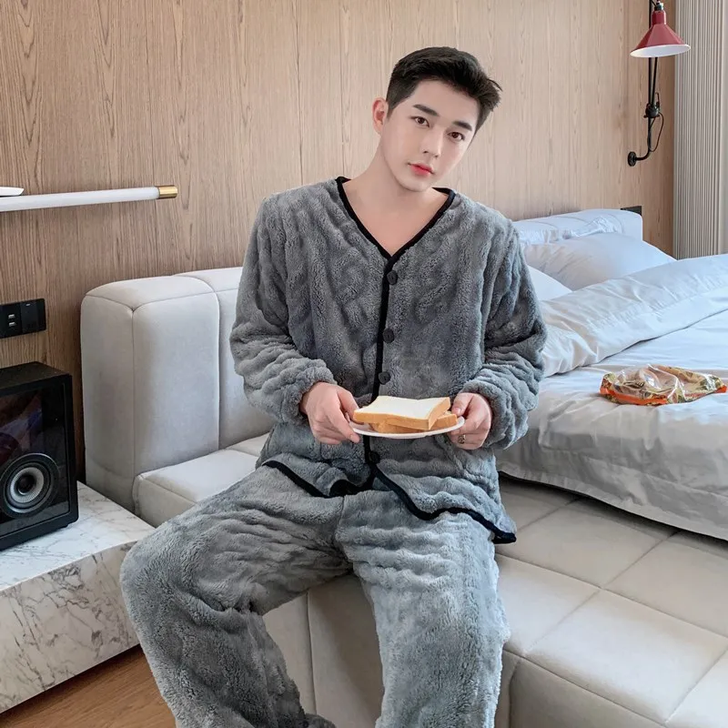 

Men Winter Flannel Pajamas Set Trouser Suits Thickened Warm Coral Fleece Sleepwear Loungewear Loose Solid Home Wear With Pockets