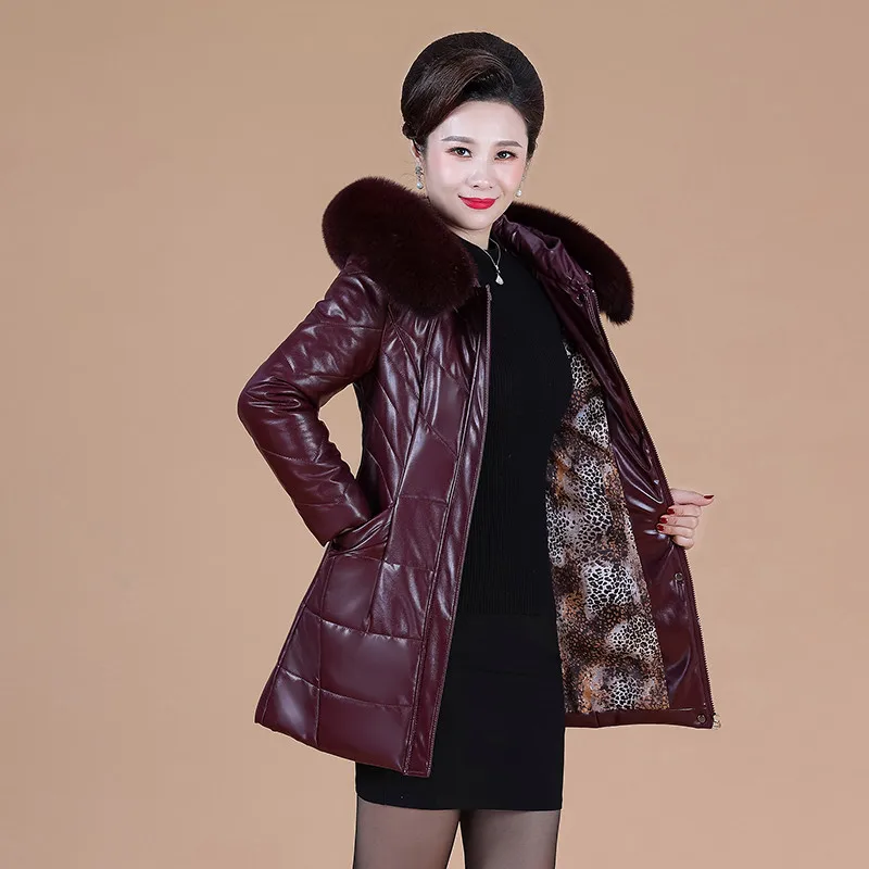 L-8XL Woman Leather Jacket Winter 2022 Fashion Overcoat Thicken Warm Fur Collar Hooded Sheepskin Coat Camel Outerwear Female