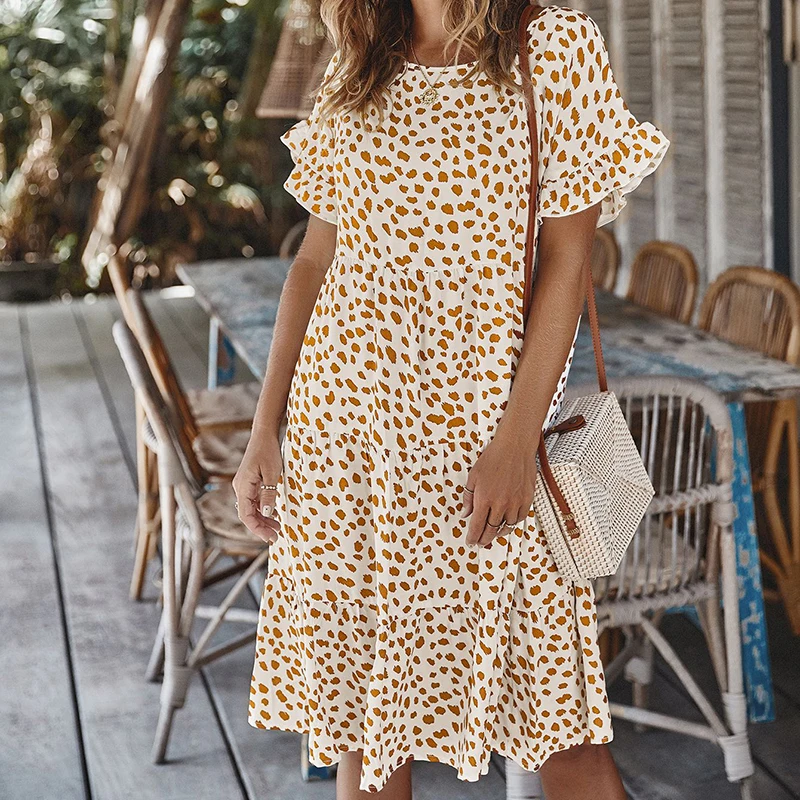 

Dot Dress Women Summer Casual Short Sleeve Female Dress Woman Mini A-Line Ruffles O-Neck Dresses for Women 2021 Robe Femme New