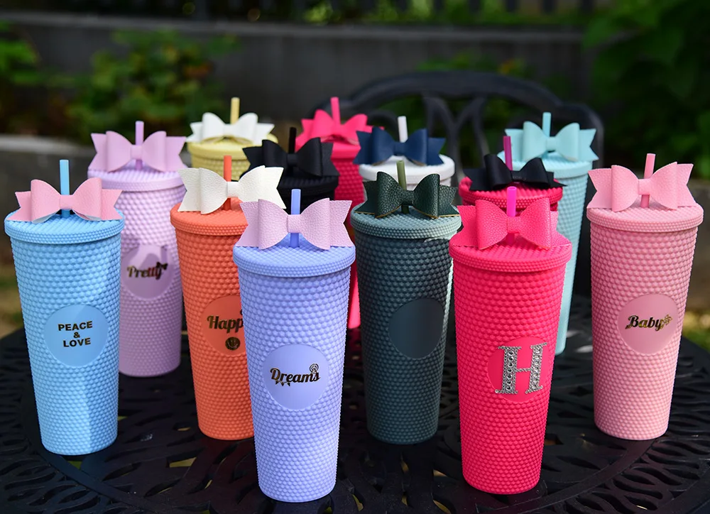 

matte finish double wall DIY 700ml 710ml 22oz 24oz plastic diamond studded tumbler straw tumbler with straw no starbks logo