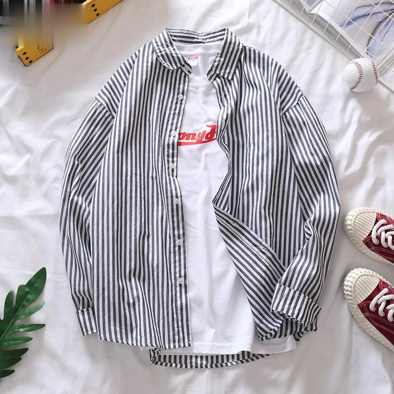 

Korean Style Shirts Casual Loose Long Sleeve Striped Summer Fashion Button Up Shirt Camisa Hombre Men's Clothing DB60SH