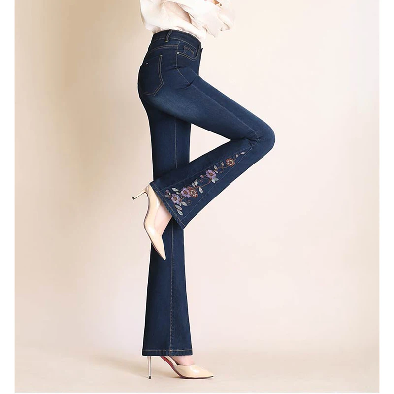 

Plus Size Stretch Denim Embroidered Skinny Bell Bottom Jeans for Women