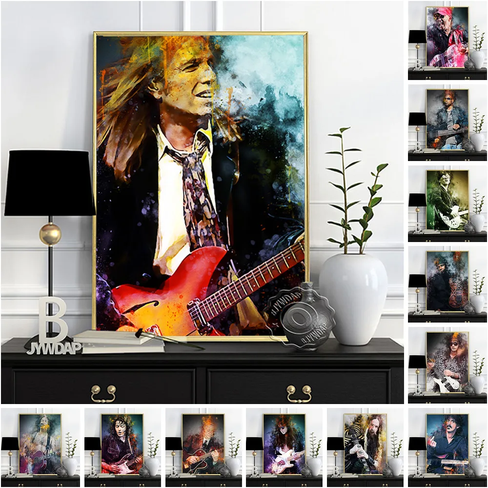 

Famous Guitarist Rock Music Legend Poster, Vintage Star Portrait Watercolor Canvas Painting, Bar Pub Club Fans Collection Decor
