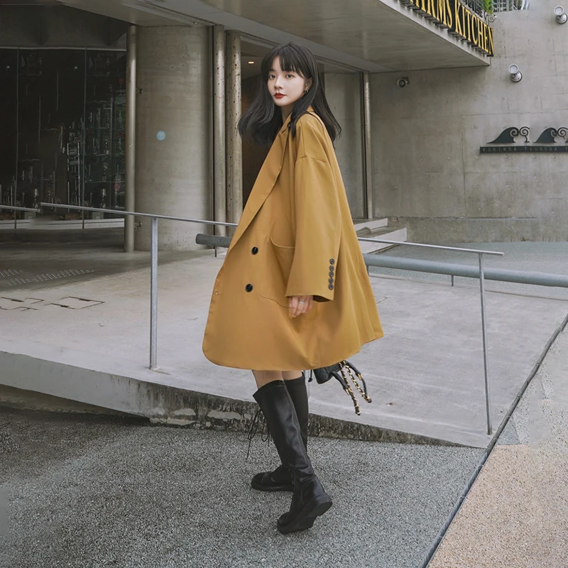 

2020 Autumn Fashion Women Blazer Coat Full Sleeve Notched Office Lady Loose Slim Wild Thin Long Large Size Jacket C376