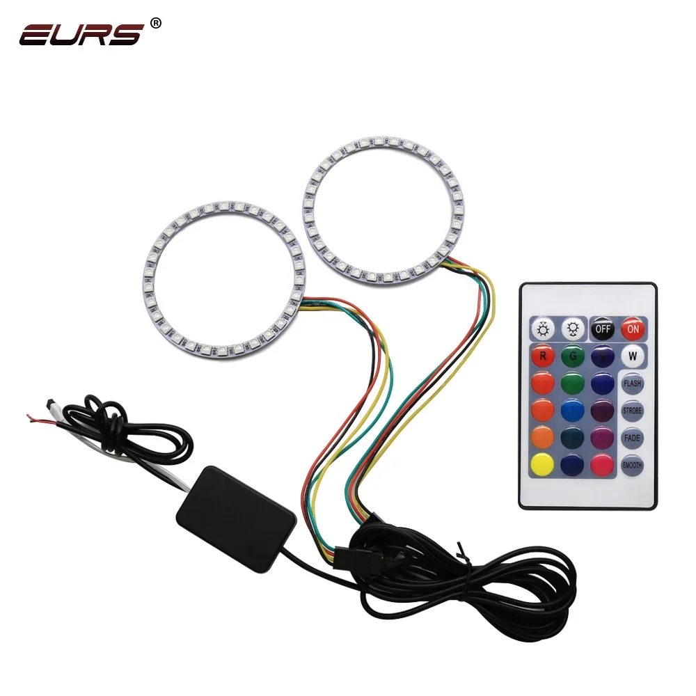 EURS(TM) 2 шт. супер яркий 5050 светодиодный RGB 5 Вт 1000LM 10 V-14 dc-двигатель, напряжение 90 мм с дистанционным управлением лампа угол глаза светильник светодиодный потолочный светильник