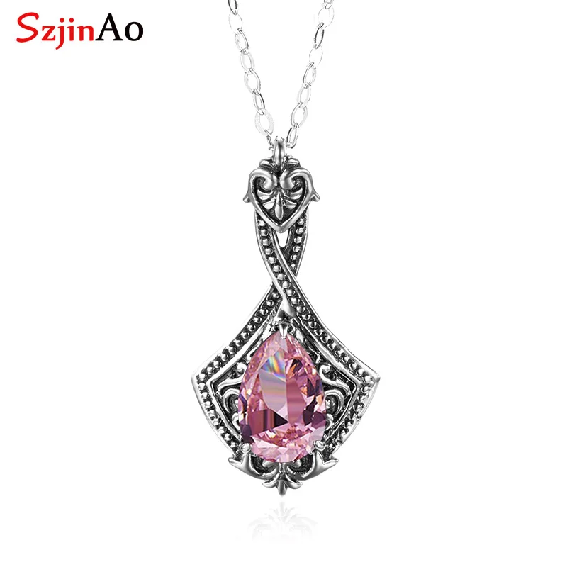 

Szjinao Gemstone Pendant For Women Pure 925 Sterling Silver Wedding Engagement Party Romantic Pink Crystal Famous Brand Jewelry