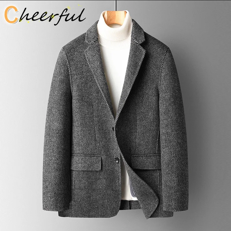 Wool men's small suit coat, herringbone woolen casual suit in autumn and winter, double-sided woolen coat, slim coat 2021 women winter s water ripple double sided wool coat medium length woolen coat brown coat women belted wool coat woolen coat