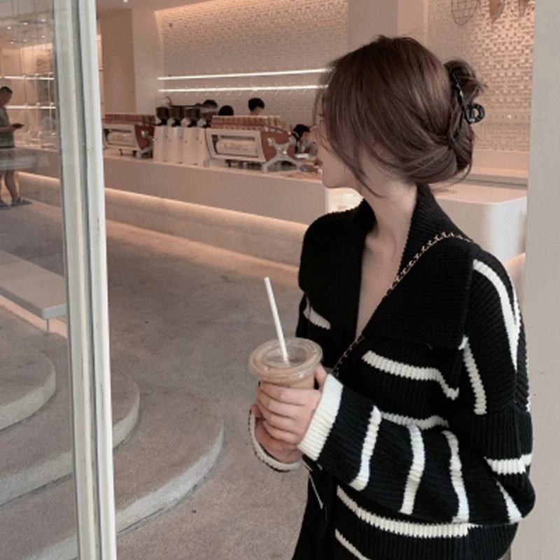 

Sweater Cardigans Striped Womens 2020 Turn Down Collar Elegant Leisure Knitting Single Breasted All-match Ladies Streetwear