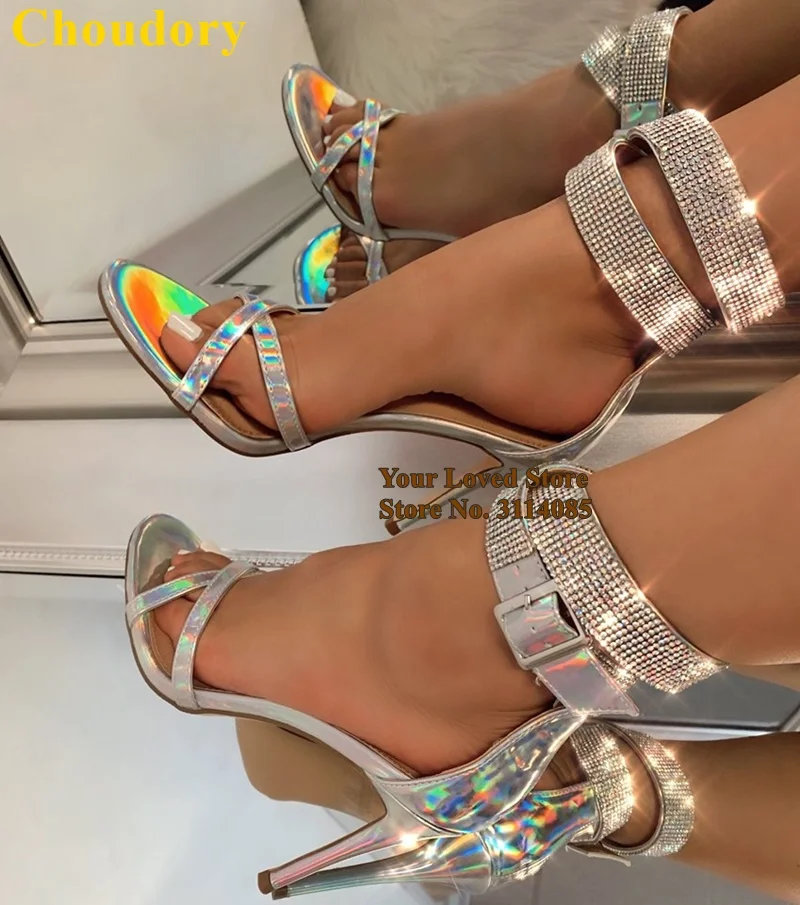 Choudory Siver/блестящие босоножки-стразы Переливающиеся свадебные туфли на высоком