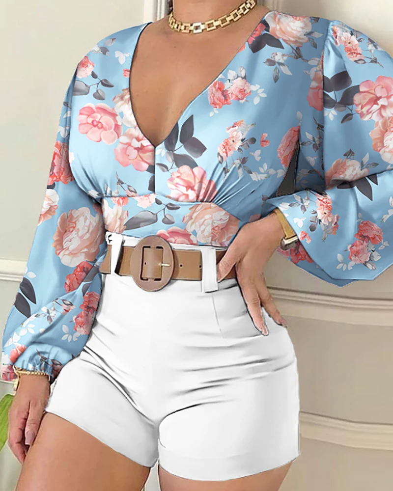 

Комплект из 2 предметов, женский летний сексуальный пуловер с V-образным вырезом и рукавами-фонариками, топы с высокой талией, однотонные шор...