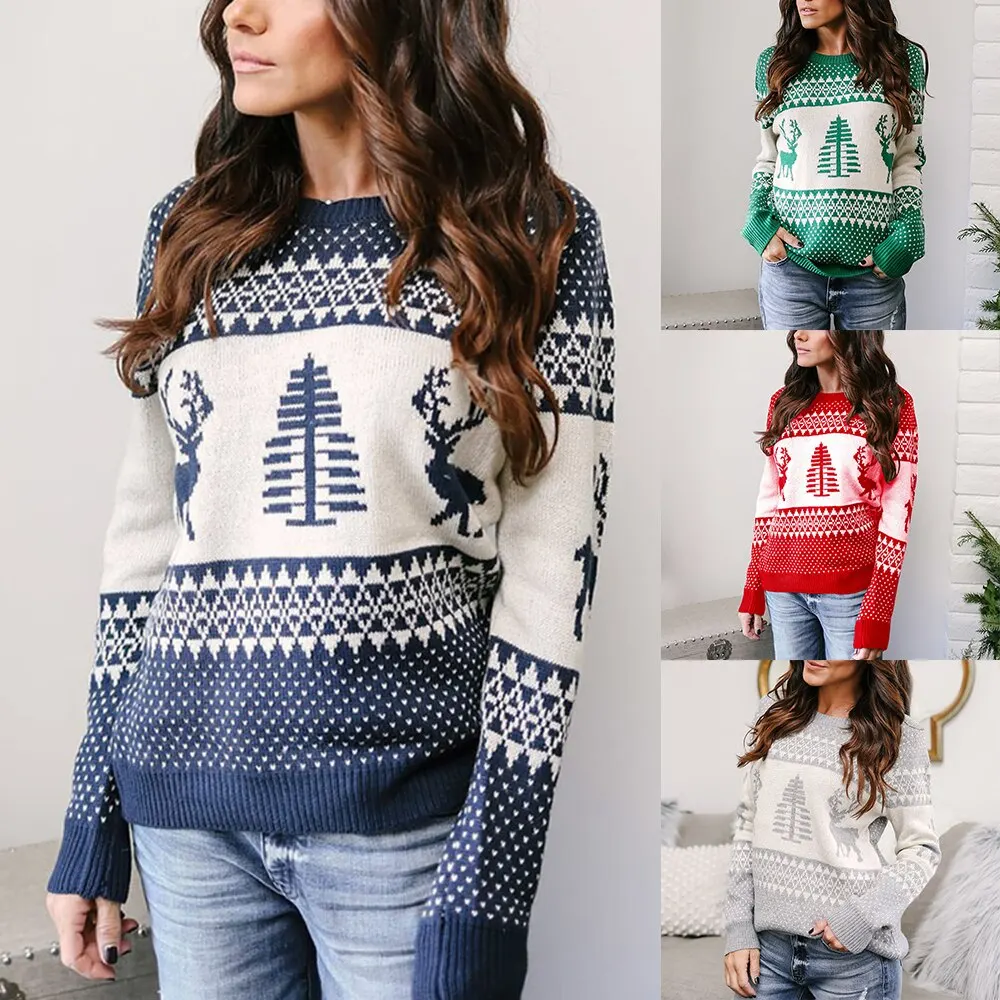 2019 Рождественский подарок женский свитер зимний пуловер с круглым вырезом