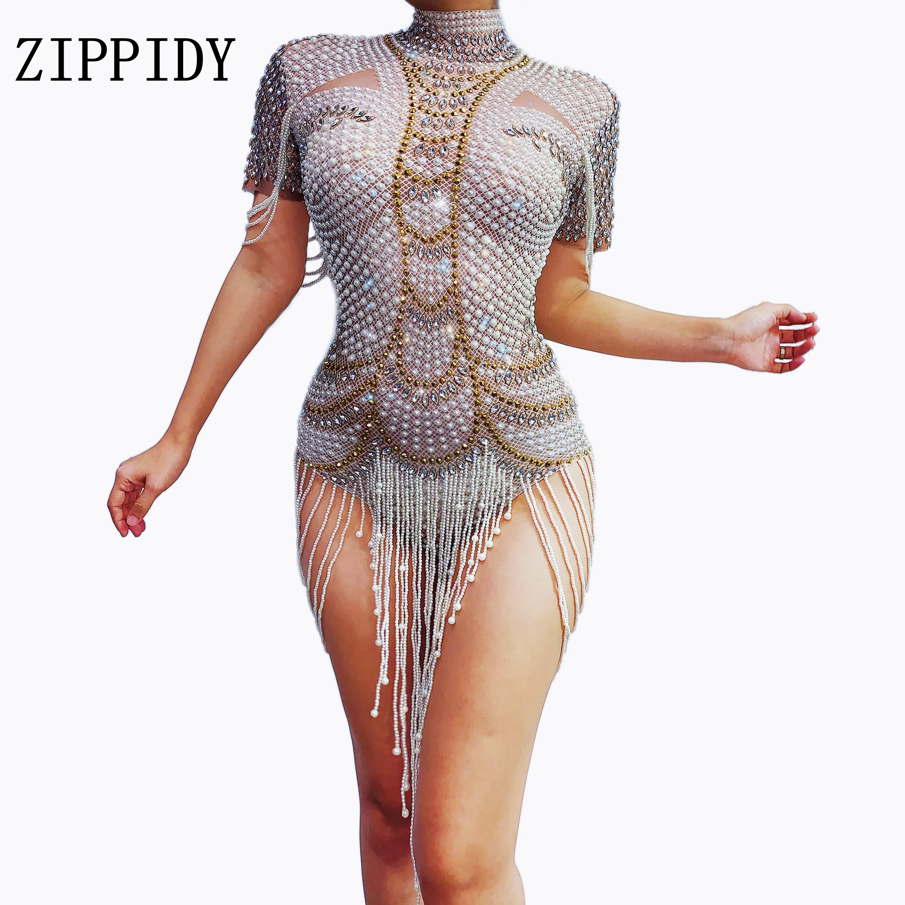 Модное боди Стразы с жемчугом сексуальное эластичное танцевальное трико костюм