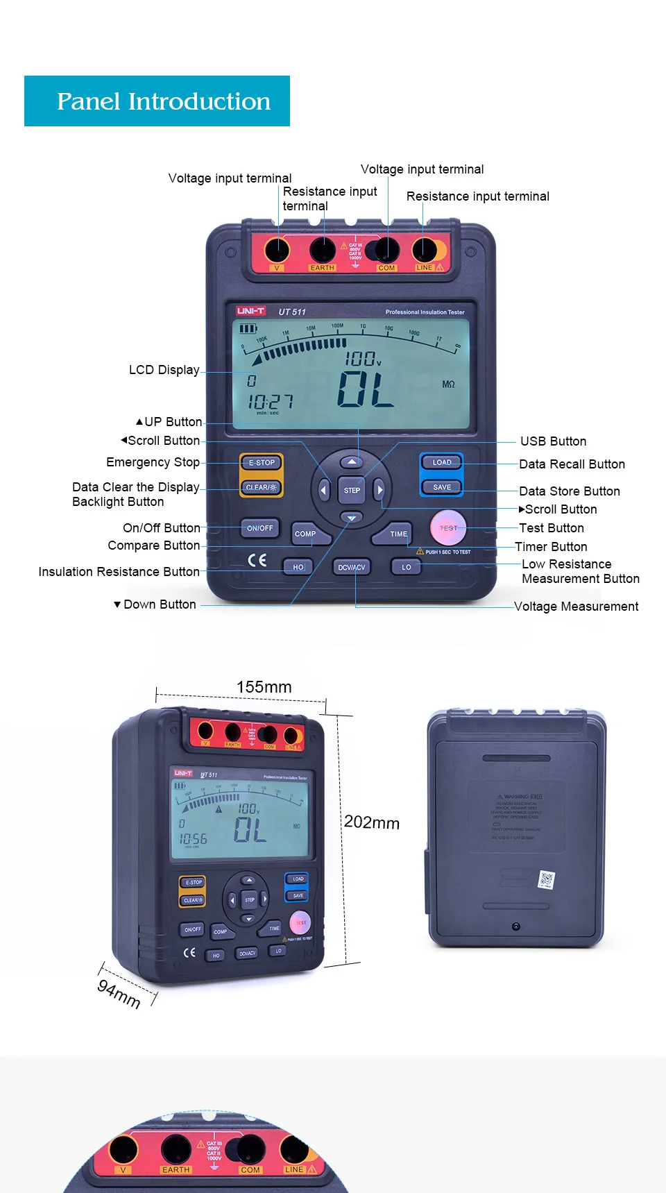 UNI-T UT511 1000V 10Gohm цифровые измерители сопротивления изоляции метр Мегаомметр низкий Ом Омметр Вольтметр Авто Диапазон меггер