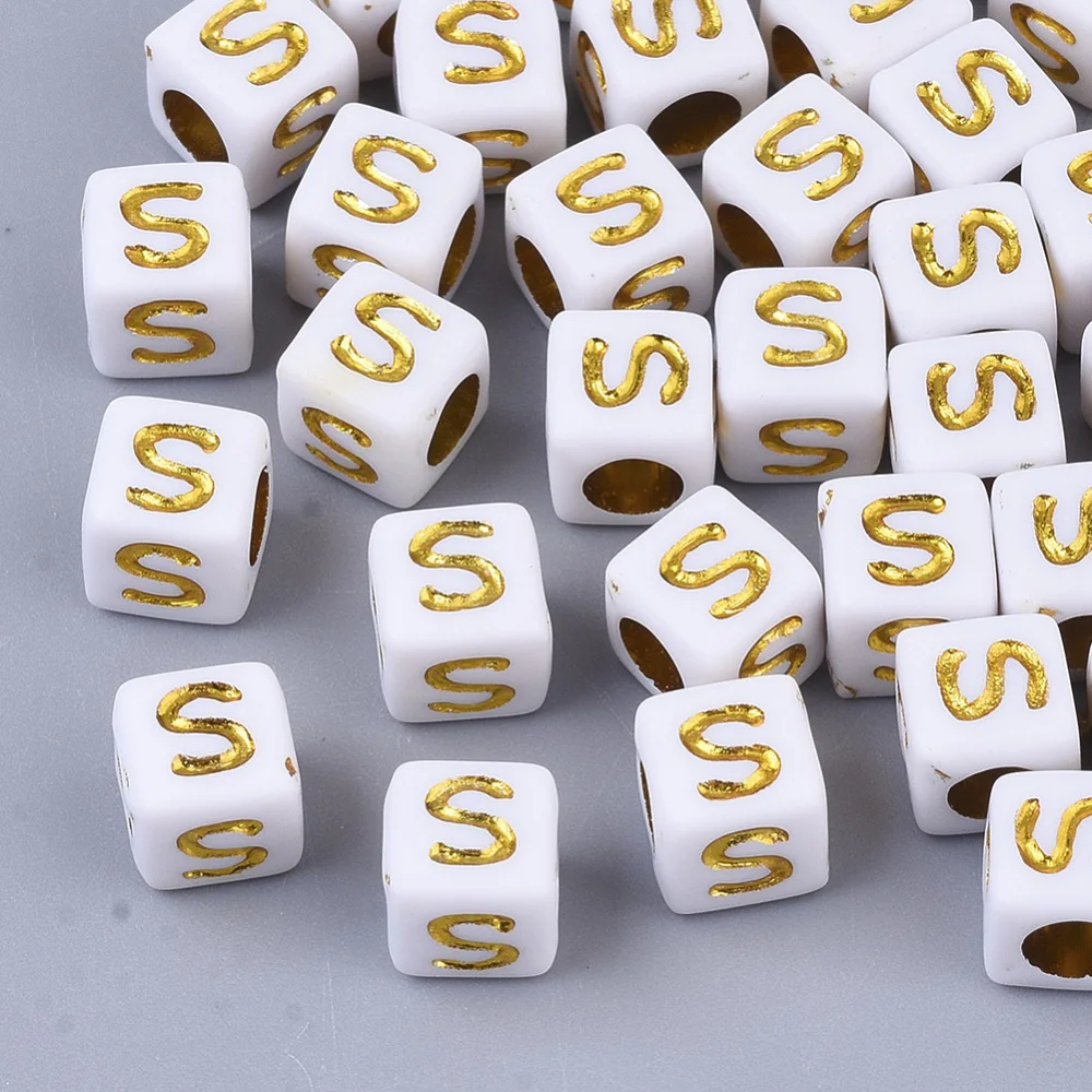 

500g Plating Acrylic Beads Golden Metal Enlaced Alphabet Style Cube Letter.S 5.5~6x5.5~6x5.5~6mm Hole: 3.5mm about 3000PCS /500g