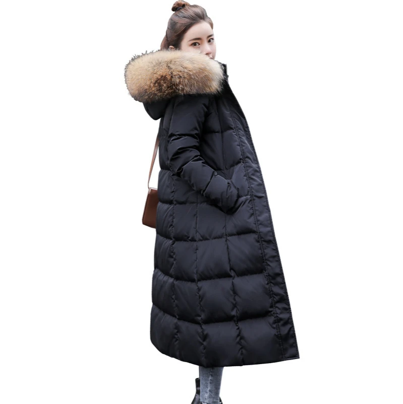 

New Fashion Women's Slim Fit Korean Style Over-the-knee Down Jacket Ladies Mid-length Hooded Big Fur Collar Down Jacket Women