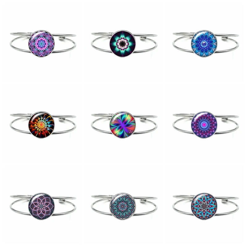 

2021 New Popular Kaleidoscope Mandala Flower Girl Glass Tibetan Silver Open Men and Women Bracelet Charm Children's Jewelry