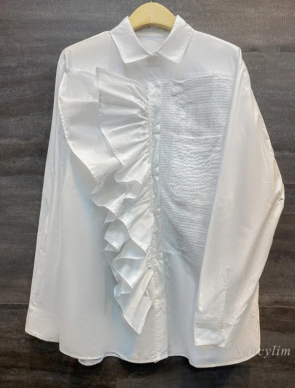 

2021 Spring and Autumn Women's Korean-Style Loose Striped Shirt New Ruffle Blouse Fashion Girls ladies tops blusas mujer de moda