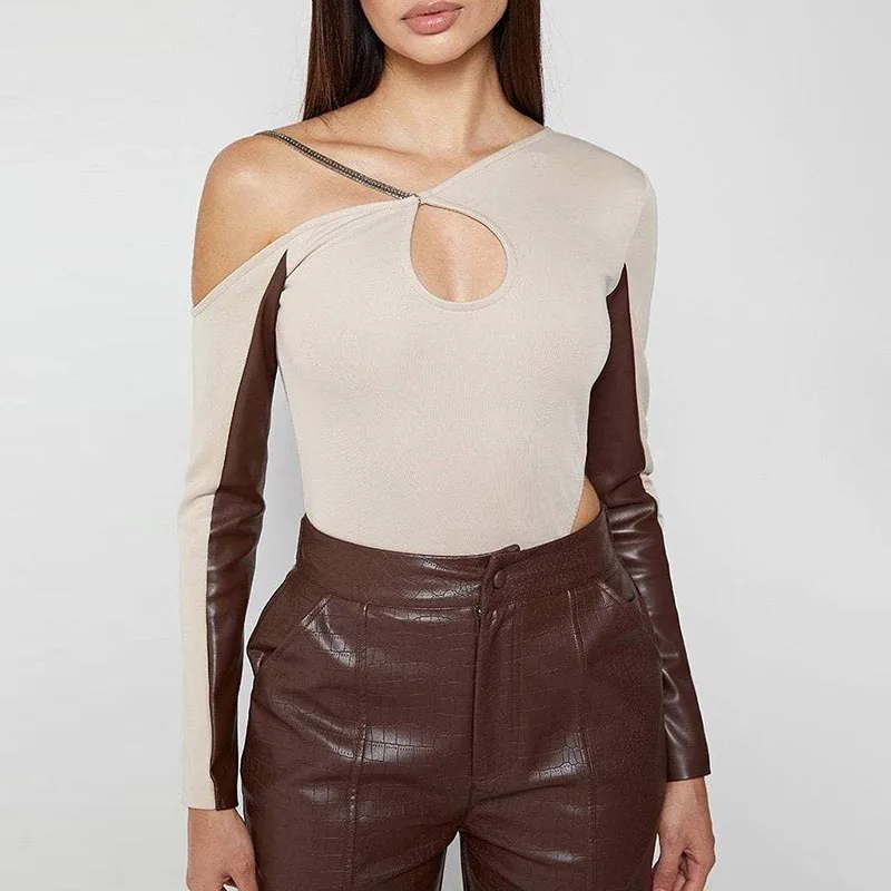

2021 Winter Women Solid Long Sleeve Bodysuit Autumn Hollow Out Body Tops Sexy One Shoulder Bodycon For Female