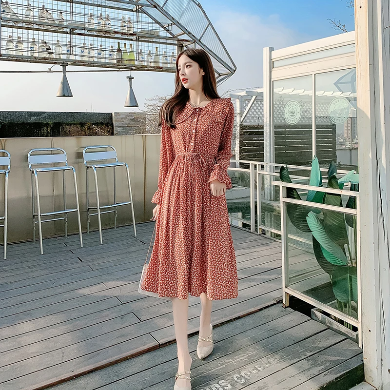 Женское платье с цветочным принтом шифоновое труба кукольным воротником лето 2020