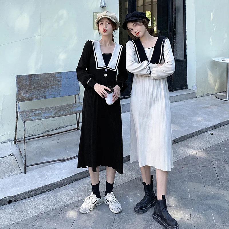 

Sailor Collar Knitted Dress 2021 Autumn Winter Retro Long Sleeve High Waist Pleated Skirt Loose Sweater Dress Rac