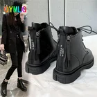 Женские ботильоны на плоской подошве, новинка осень-зима 2021, ботинки мартинсы на шнуровке и молнии сзади в британском стиле, рыцарские ботинки, женская обувь