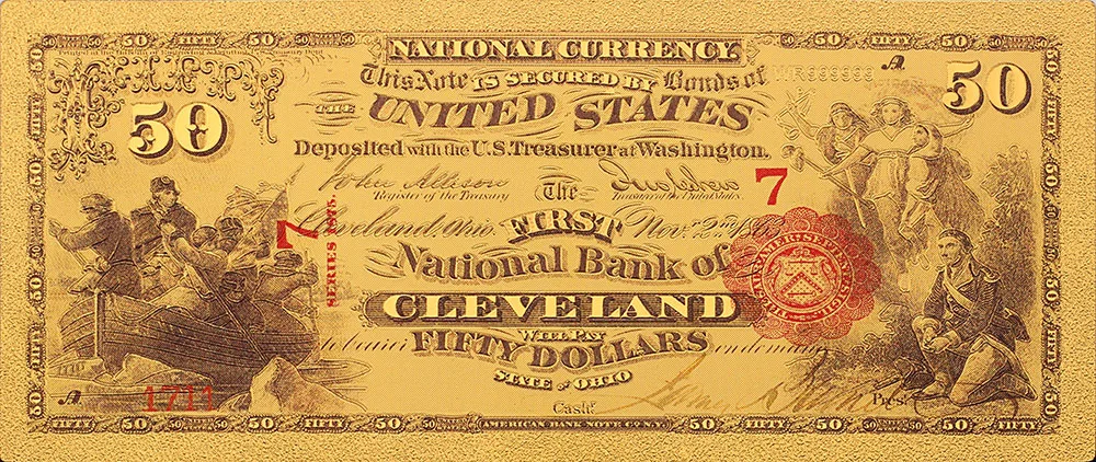 Старые американские банкноты 50 долларов США 1875 года 24k позолоченные в