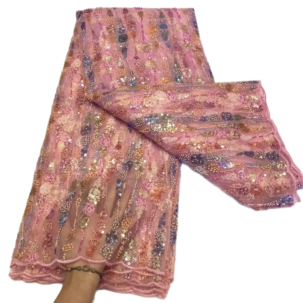 

New Fashion Embroidered French Tulle Mesh Lace Fabric African Sequins Lace with handmade beads For Wedding Dress Fabric 5Yards