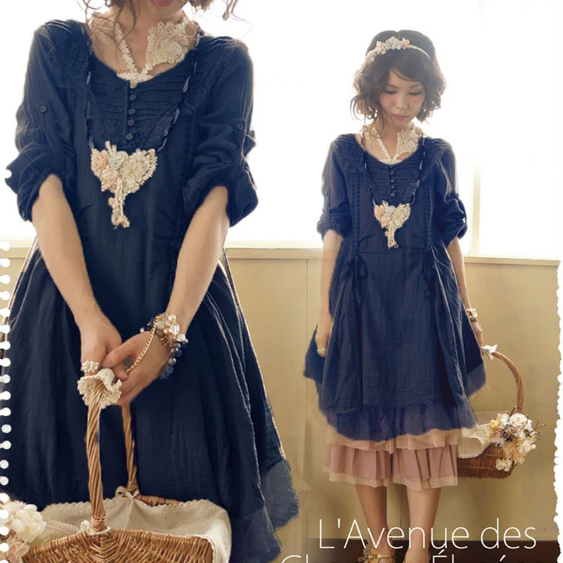 

Spring Autumn Mori Girl Vintage Dress Women clothing Solid String Knitted Cotton Linen Button Female Sweet Midi Dress A266