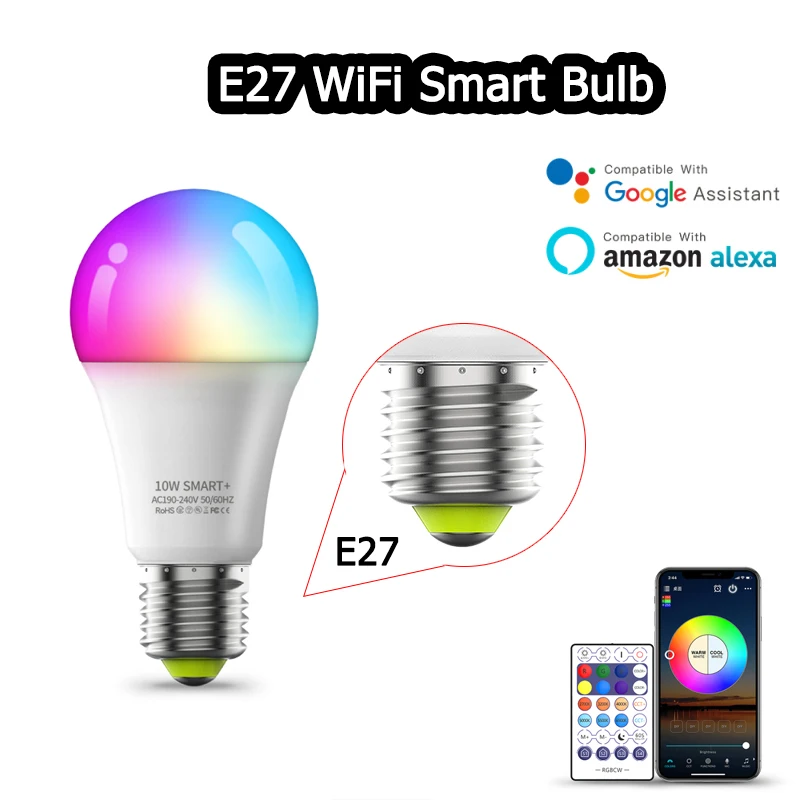 

WiFi Smart Bulb Work With For Alexa RGB Corlorful Dimmable Timer Function Magic Light Or Wireless Remote Control Controller Lamp