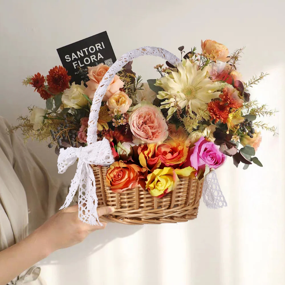 

1pc Lace Design Handmade Basket Home Storage Basket Portable Woven Basket
