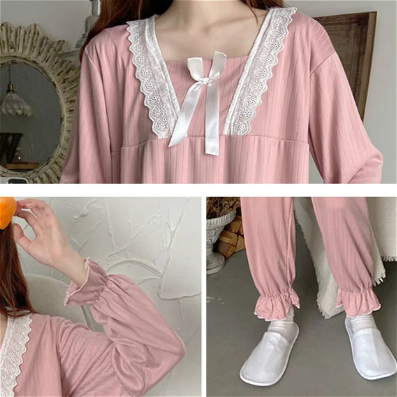 

Pajama Sets Women Kawaii Lace Patchwork Long Sleeve Fall Basic Soft 4 Colors Loose Mujer Sweet Home Sleepwear Popular Simple New