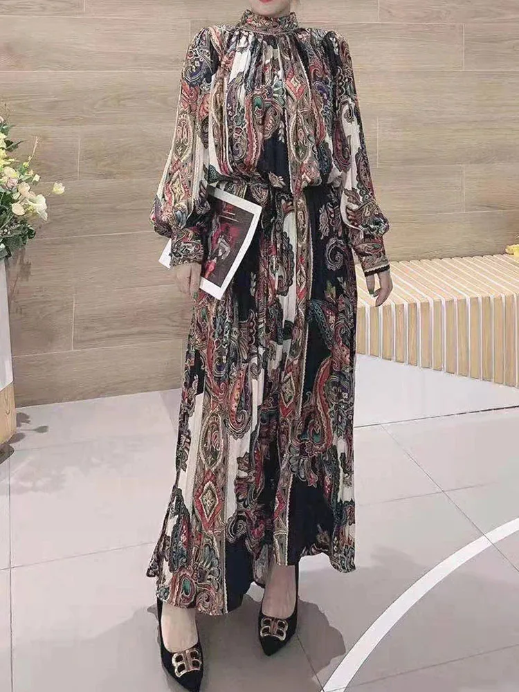 

Women's Summer Satin 3D Printing Retro Loose Pleated Dress 2021New Women's Long Sleeve Fashion Party Poses Long Puff Skirt XL