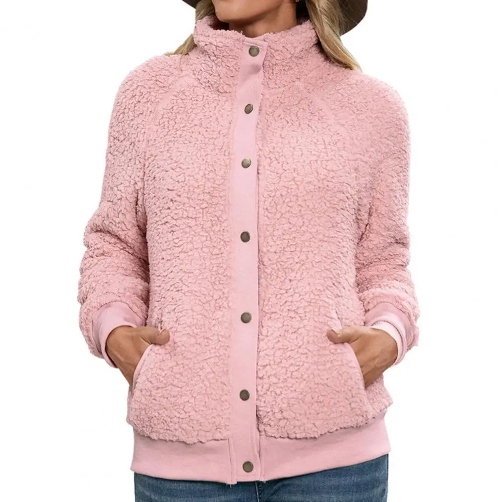 

Jacket Women's Winter/autumn Jacket Buttons Closure Side Pockets Fleece Jacket Women Stand Collar Warm Cardigan