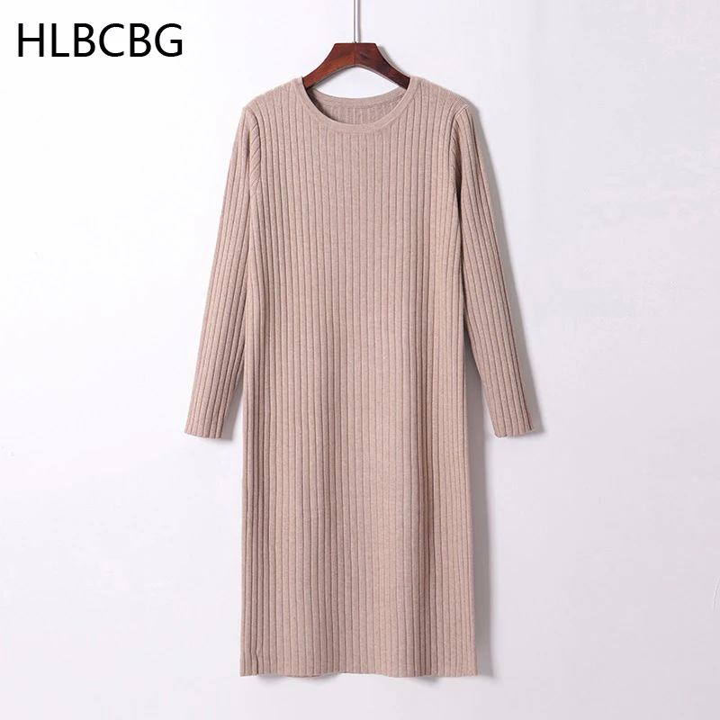 

HLBCBG Women Basic Knit Straight Dress O Neck Solid Long Sleeve Sweater Dress Autumn Winter Elegant Black Apricot Midi Dresses