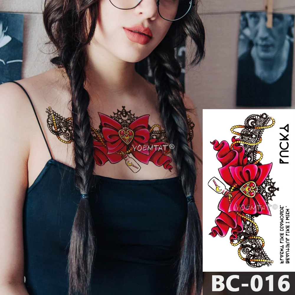 

Transfer Waterproof Temporary Tattoo Stickers Red Bow Chest Lace Tie Flash Tatto Women Sexy Waist Body Art Party Fake Tattoos