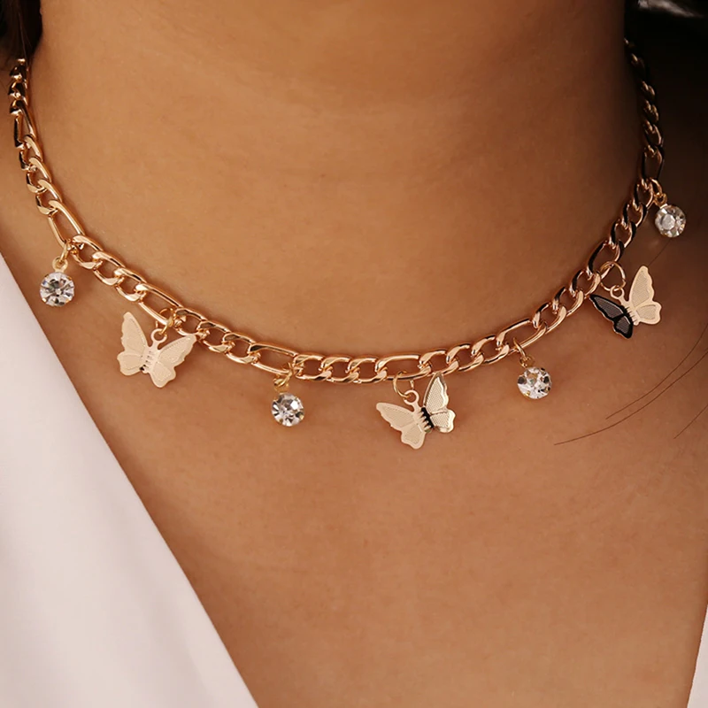 

Goth Butterfly Neck Pendants Women's Choker Gold Color Necklace On The Neck Chain Chocker Punk Jewelry 2021 Kpop Collar For Girl
