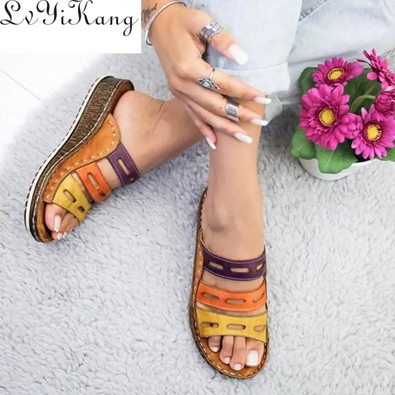 

Сандалии Oeak женские с открытым носком, босоножки с прострочкой, Повседневная пляжная обувь на танкетке, шлепанцы, летняя