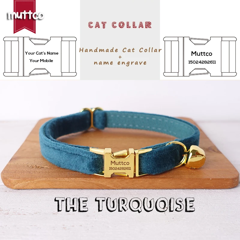 

MUTTCO retail handmade engraved high quality metal buckle collar for cat THE TURQUOISE design cat collar 2 sizes UCC097B